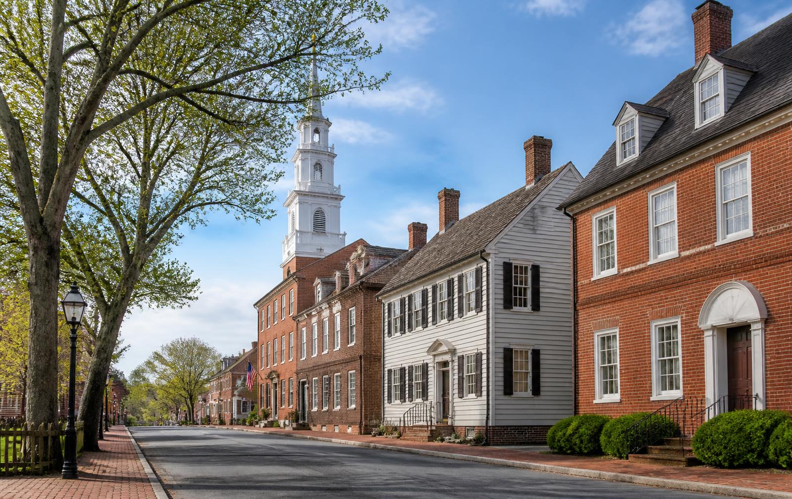 Colonial brick homes and a white church steeple on a quiet street in Salem, Salem County, New Jersey